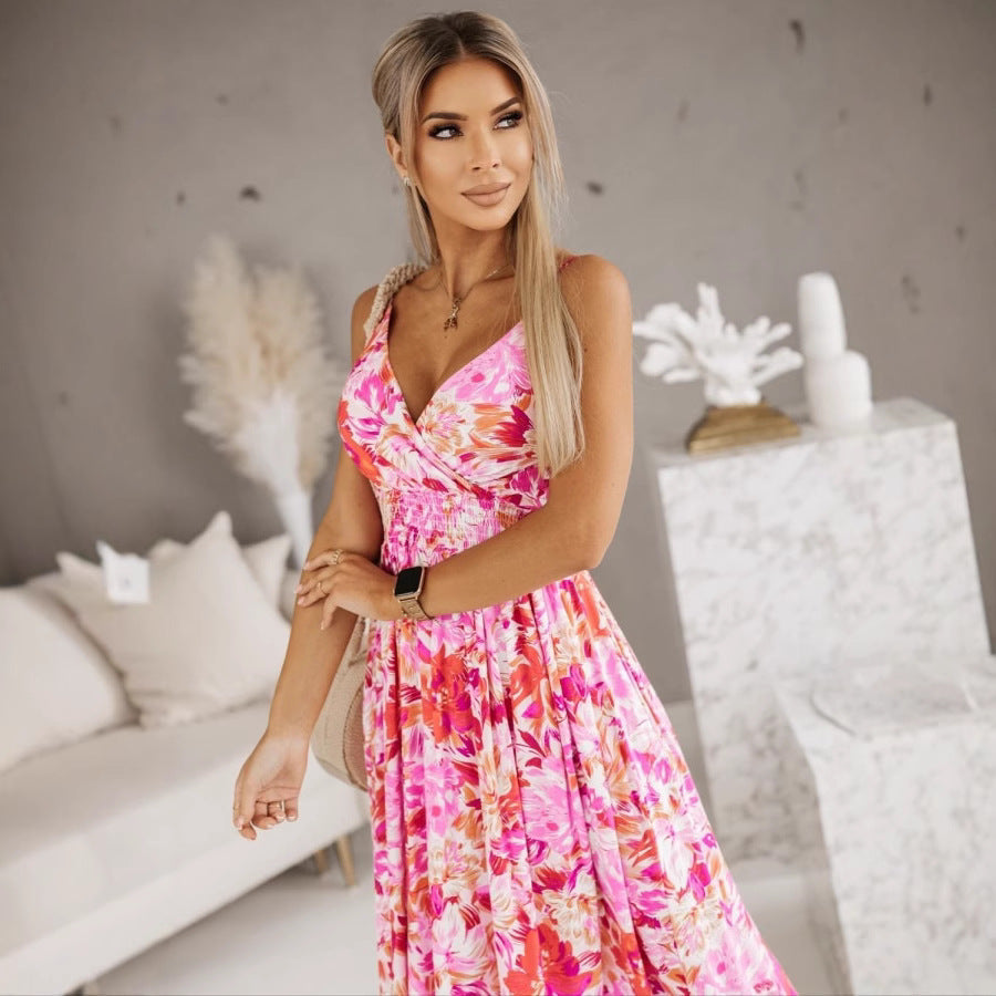 CM | maxi vestido de mujer - cruzado con cuello en V - estampado floral - tirantes ajustables - corte entallado