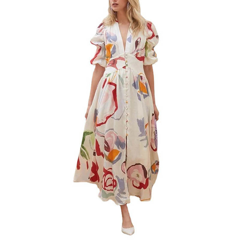 CM | Maxivestido de mujer - Fibras naturales - Corte relajado - Mangas globo - Tapeta de botones