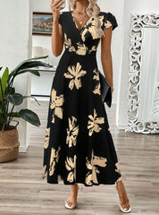 CM | Maxivestido de mujer - Estilo envolvente - Corte elegante - Mangas cortas - Estampado floral - Mezcla transpirable