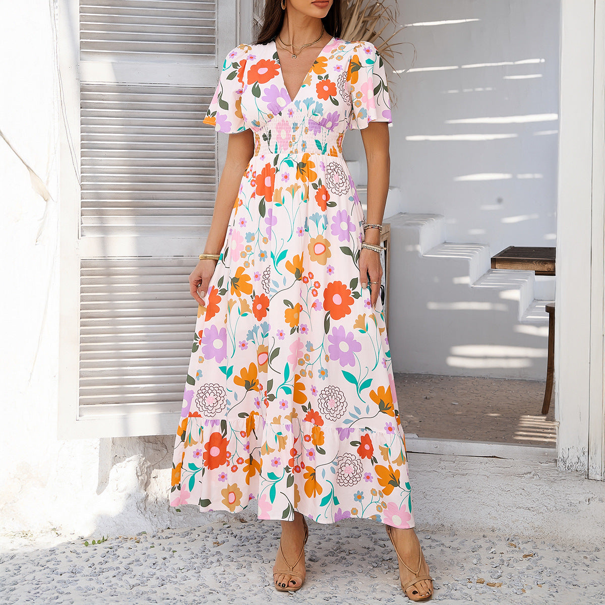 CM | Maxivestido de mujer - Algodón ligero - Cuello en pico - Corte relajado - Mangas cortas - Cintura alta