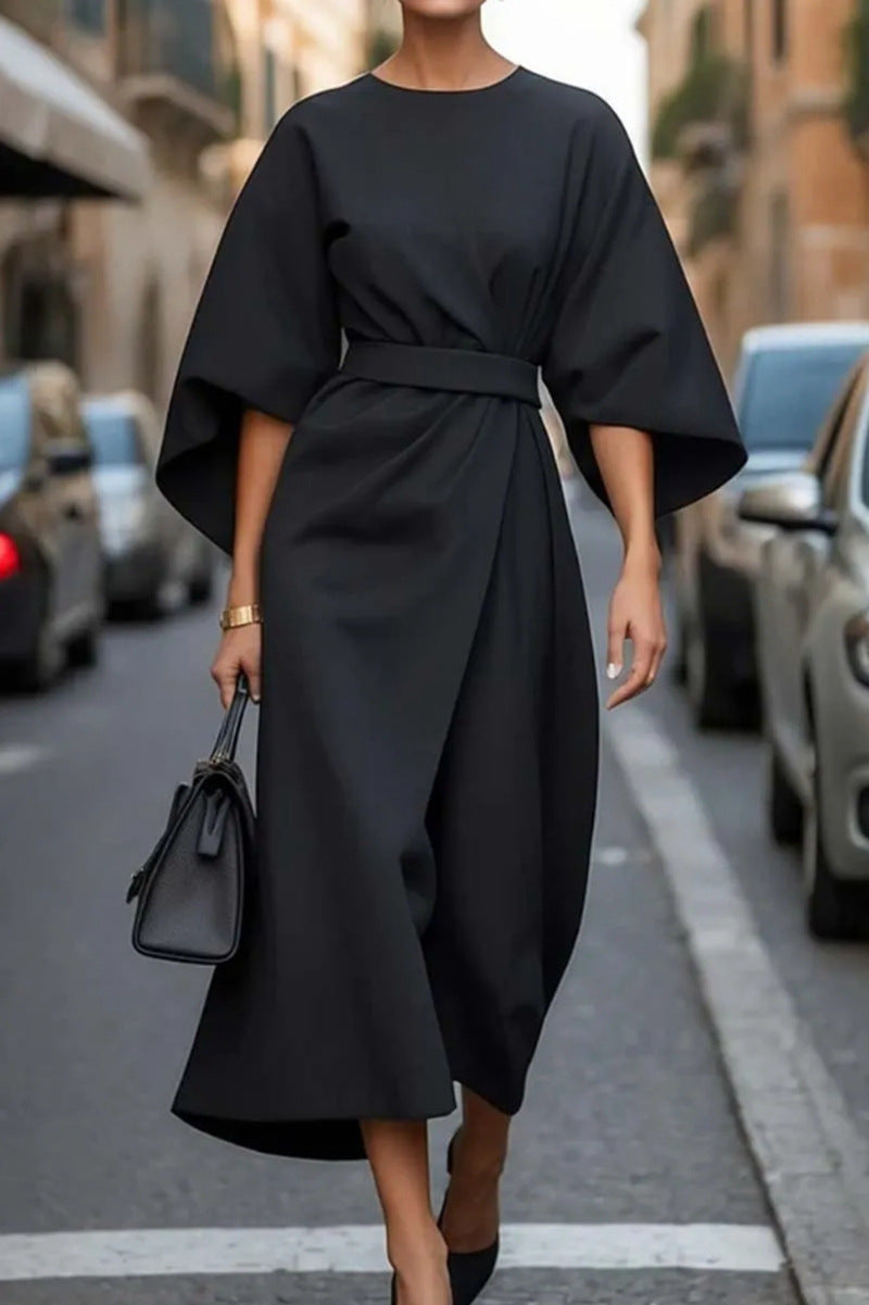 CM | Vestido largo para mujer - Tacto satinado - Mangas murciélago - Corte drapeado - Cinturón en la cintura