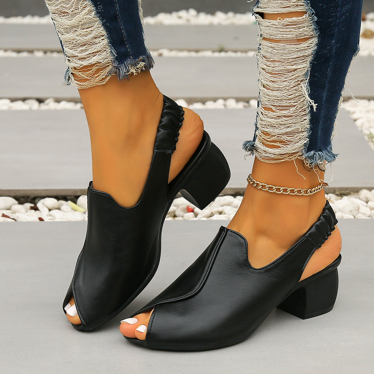 CM | Sandalias con tacón grueso Peep Toe y correa de tobillo