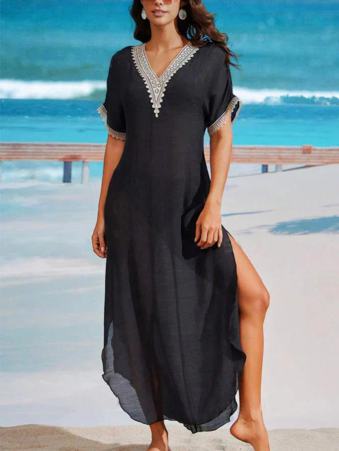 CM | Vestido largo para mujer - Corte vaporoso - Cuello en pico - Abertura lateral - Costuras decorativas