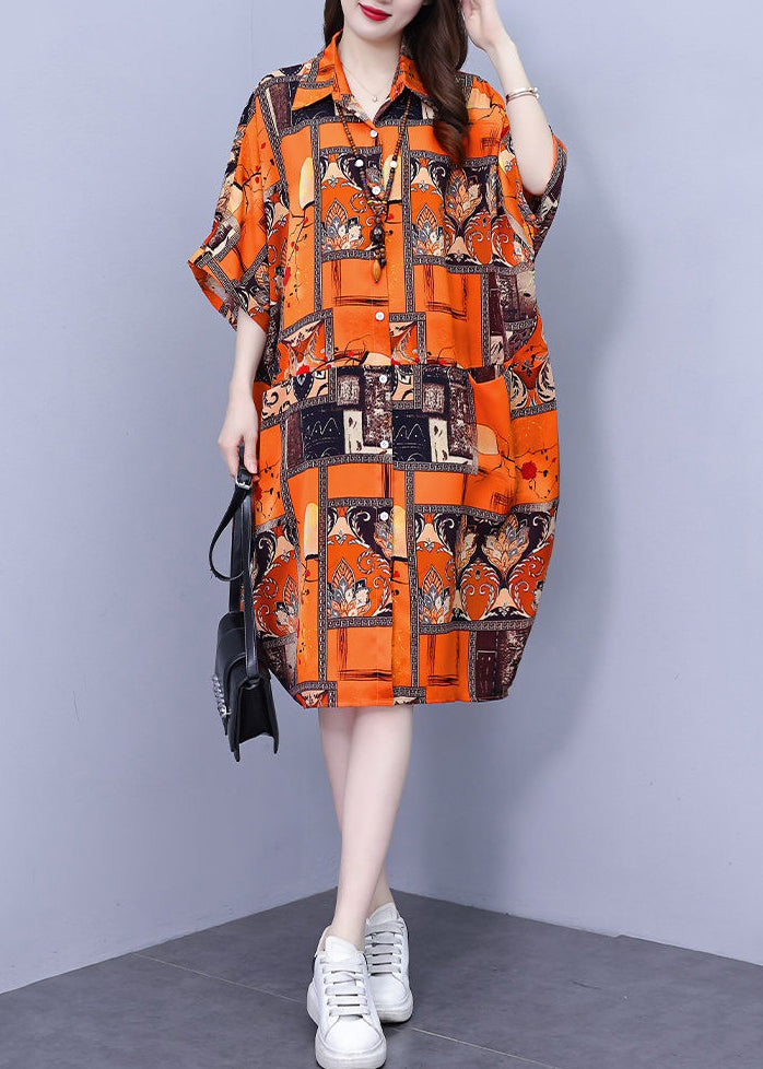 CM | Naranja bolsillos blusa de algodón vestido cuello Peter Pan verano