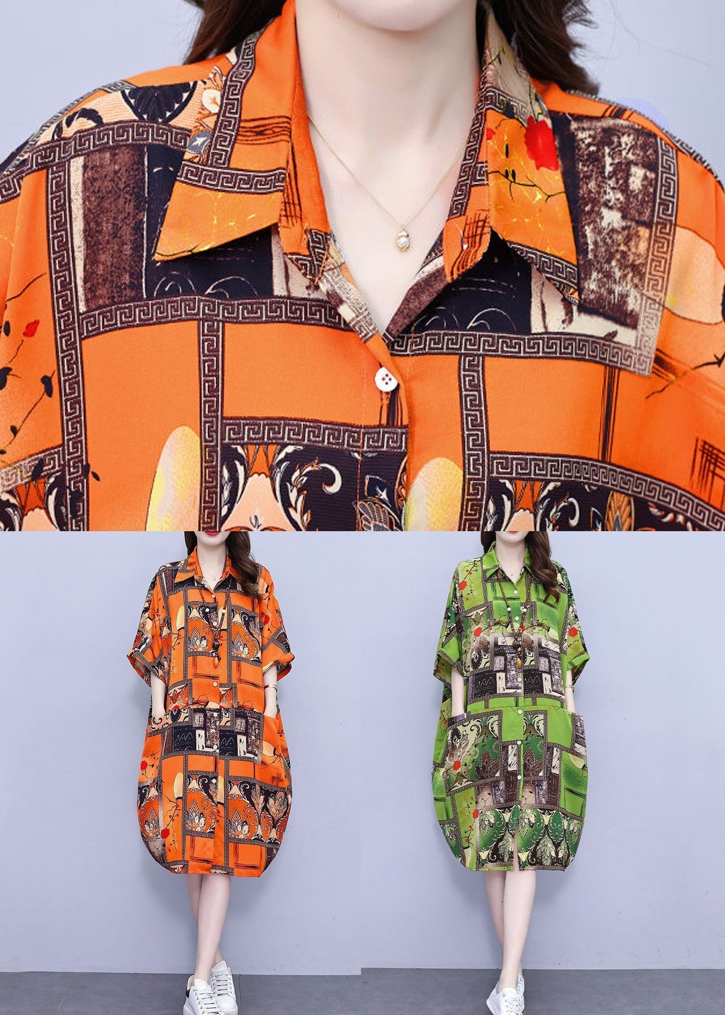 CM | Naranja bolsillos blusa de algodón vestido cuello Peter Pan verano