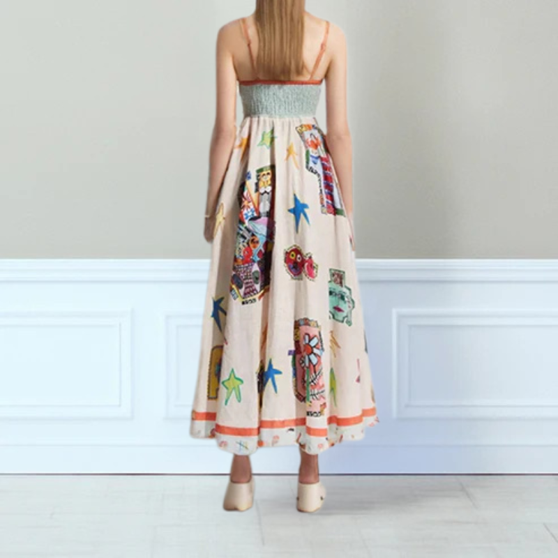 CM | Maxi vestido de mujer - Línea A - Tirantes finos - Algodón ligero - Diseño estampado