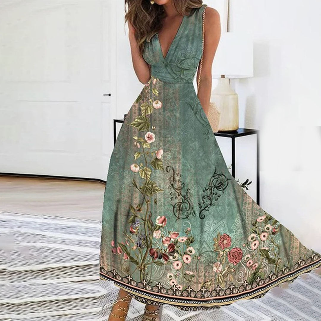 CM | Vestido largo de mujer - Estampado floral - Sin mangas - Escote en pico - Mezcla transpirable - Corte holgado