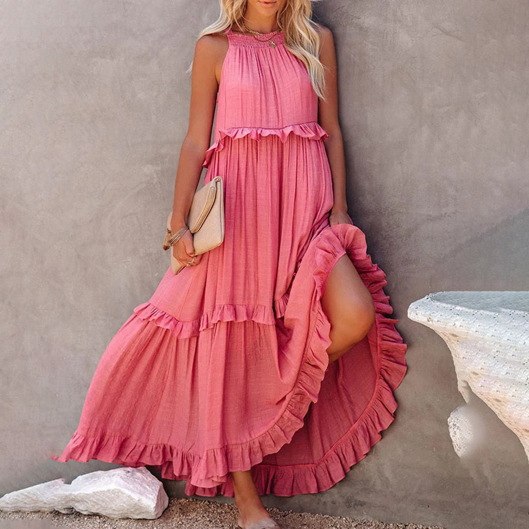 CM | maxi vestido de mujer - sin mangas y escote halterneck - corte en A - ribete de volantes