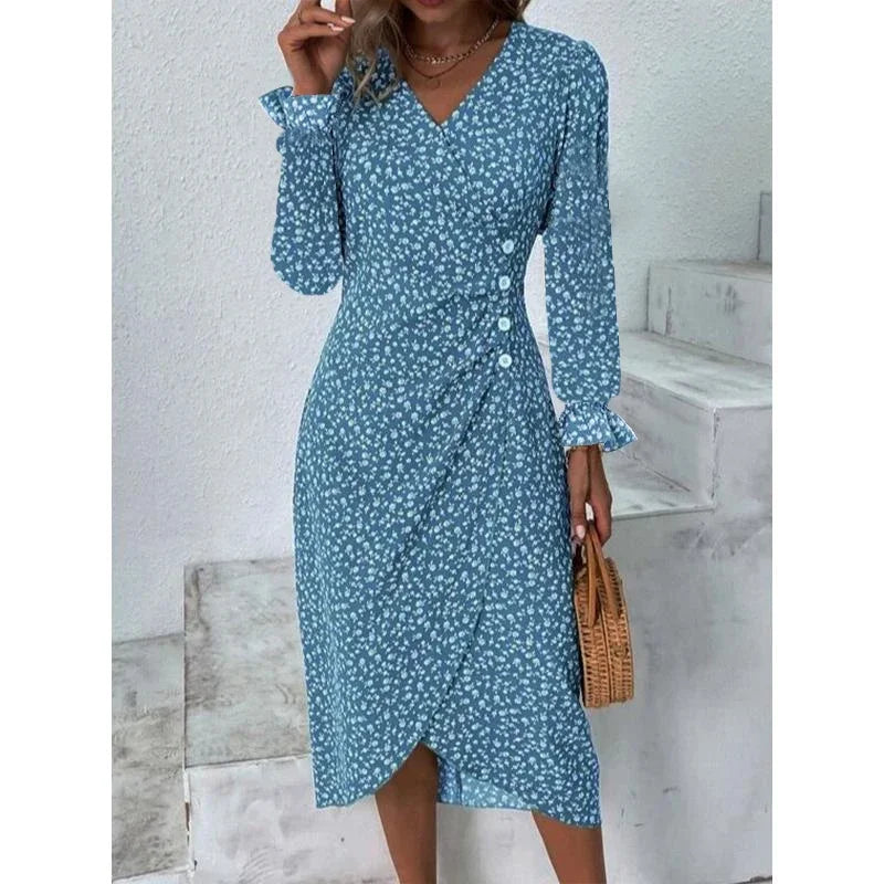 CM | Elegante vestido midi plisado floral con mangas abullonadas y escote en V