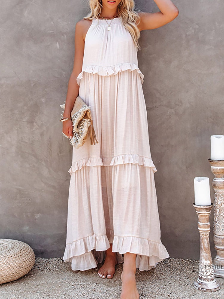 CM | Maxivestido de mujer - Corte relajado - Cuello halter - Detalle de volantes - Fibras naturales