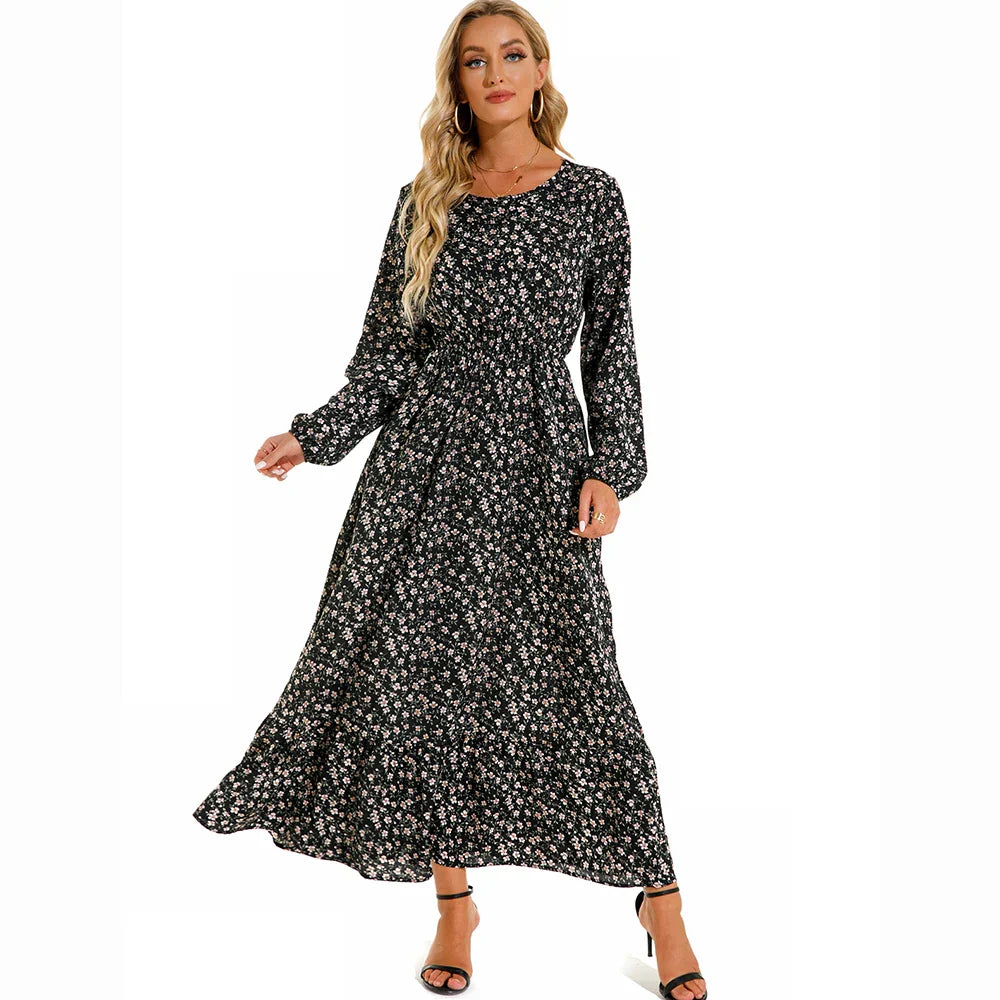 CM | Verano Bohemio Maxi Vestido Manga Larga Cintura Alta Floral Gasa