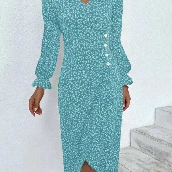 CM | Elegante vestido midi plisado floral con mangas abullonadas y escote en V