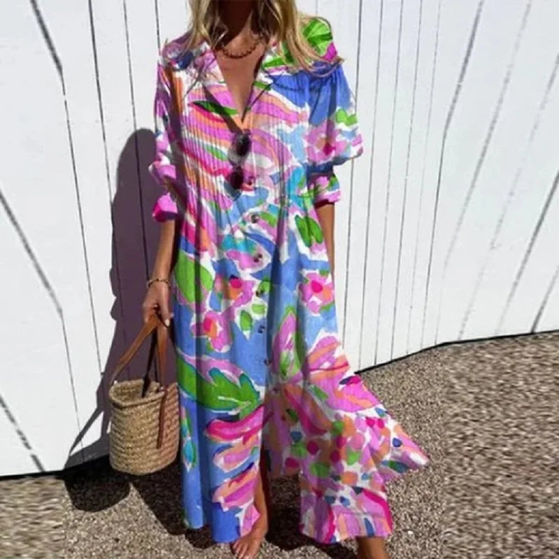 CM | Bohème maxi vestido con mangas abullonadas
