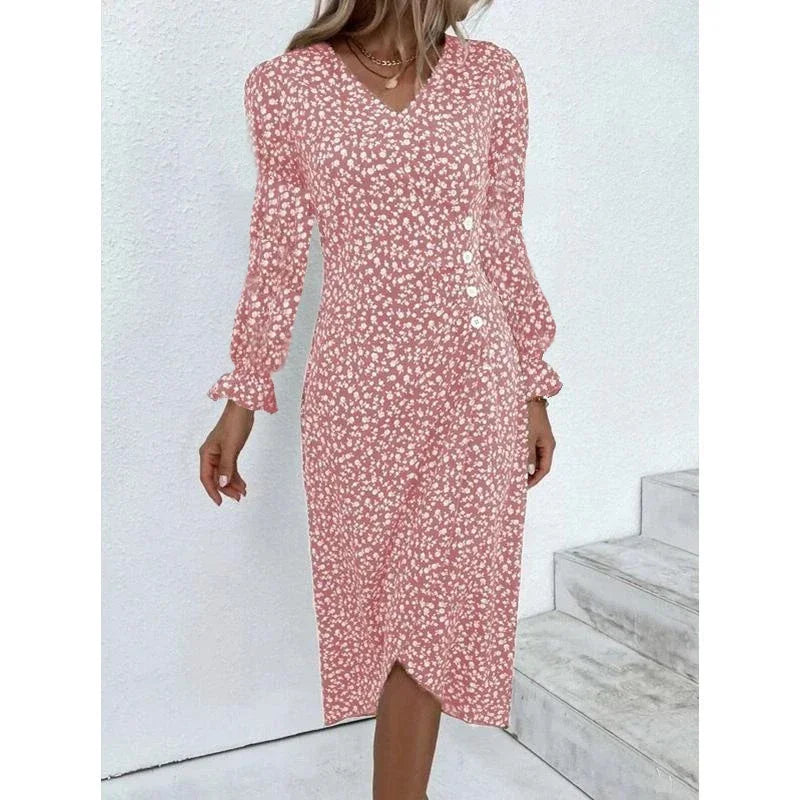 CM | Elegante vestido midi plisado floral con mangas abullonadas y escote en V