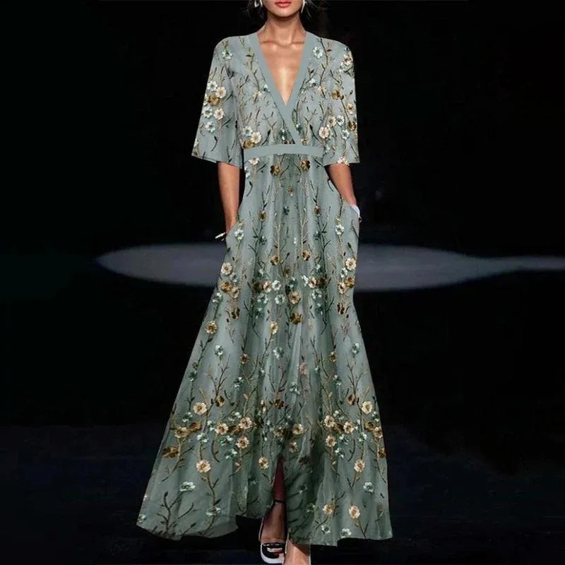 CM | maxi vestido floral con cinturón y escote en V