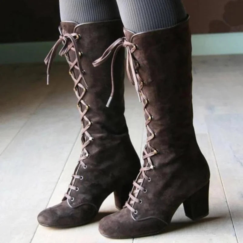 CM | Elegantes botas de cordones hasta la rodilla con tacón de bloque