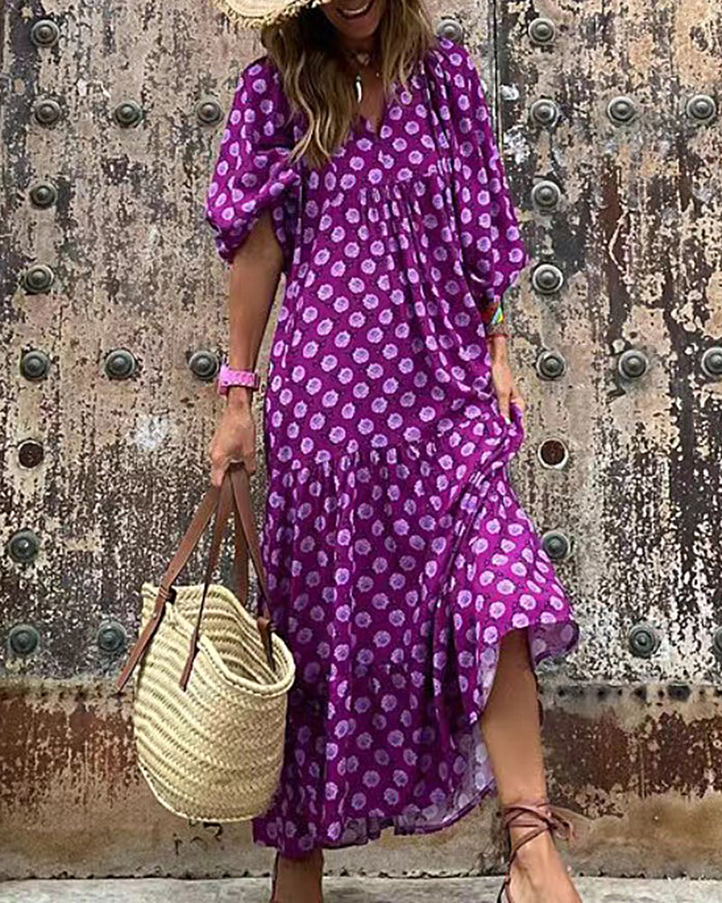 CM | Transpirable manga linterna Floral Imprimir Vestido Largo Suelto Cuello en V Moda Verano Vestido de Playa