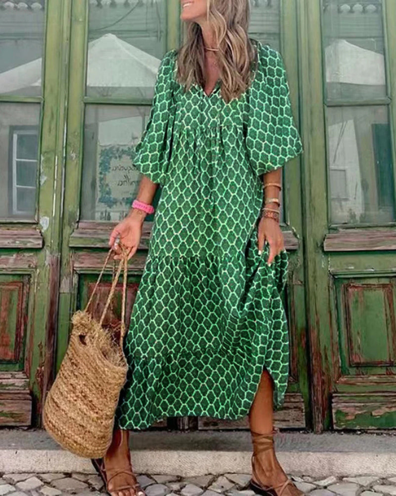 CM | Transpirable manga linterna Floral Imprimir Vestido Largo Suelto Cuello en V Moda Verano Vestido de Playa