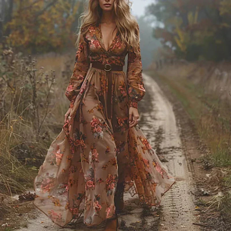 CM | Maxi Vestido de Mujer - Boho Estampado Floral - Ajuste Fluido - Mangas Largas - Falda con Vuelos