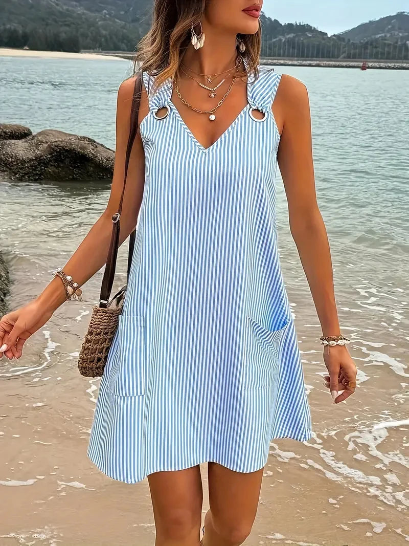 CM | Vestido corto de verano sin mangas con diseño de rayas