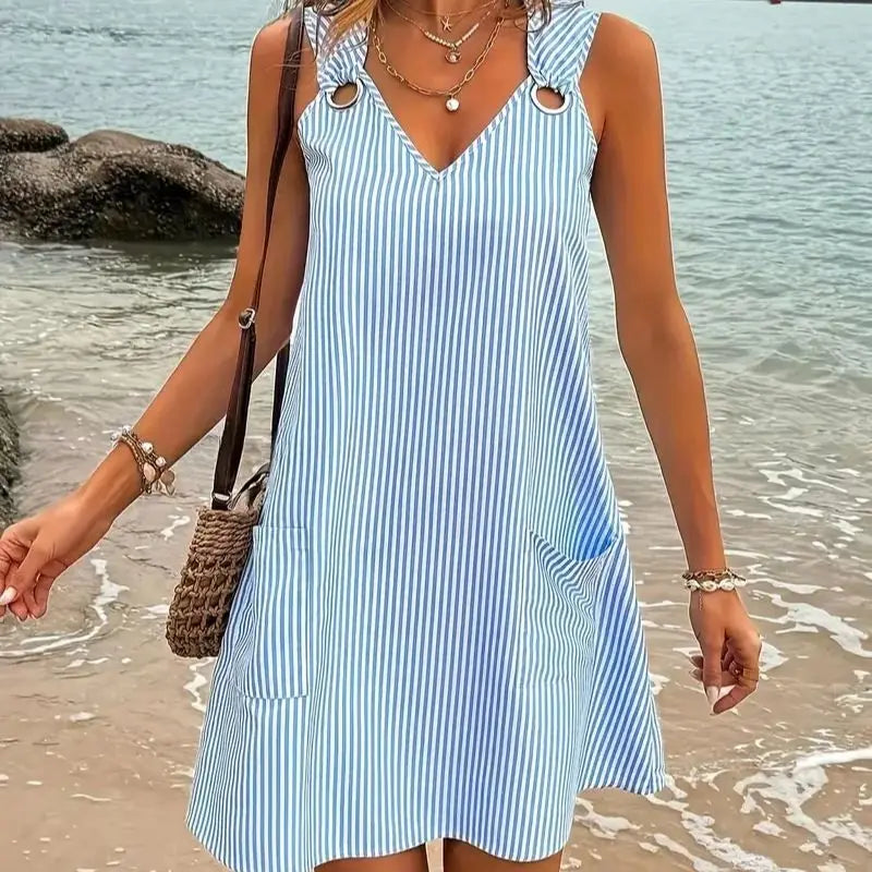 CM | Vestido corto de verano sin mangas con diseño de rayas
