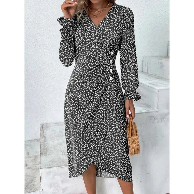 CM | Elegante vestido midi plisado floral con mangas abullonadas y escote en V