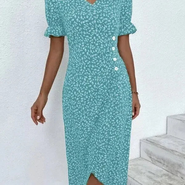 CM | Elegante vestido midi plisado floral con mangas abullonadas y escote en V