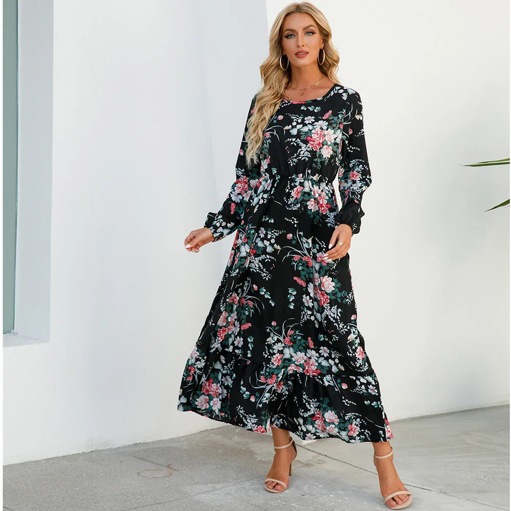 CM | Verano Bohemio Maxi Vestido Manga Larga Cintura Alta Floral Gasa