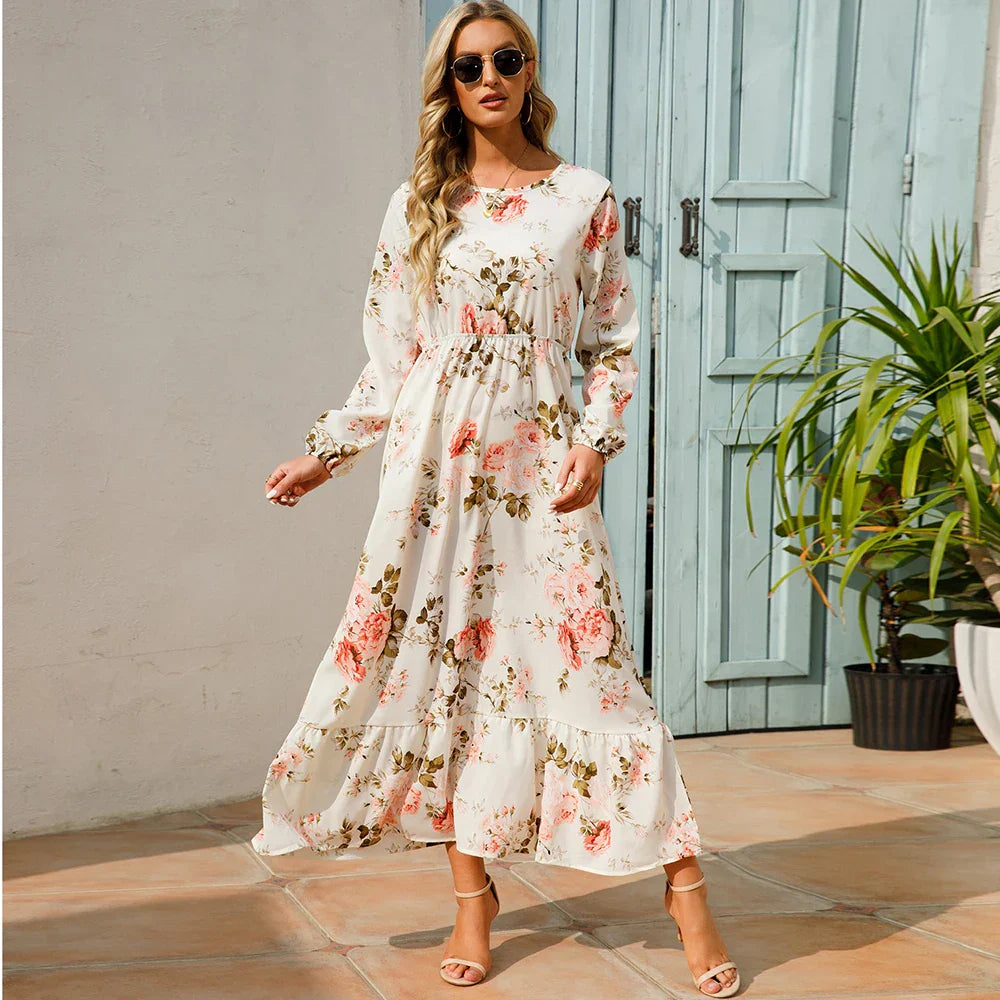 CM | Verano Bohemio Maxi Vestido Manga Larga Cintura Alta Floral Gasa