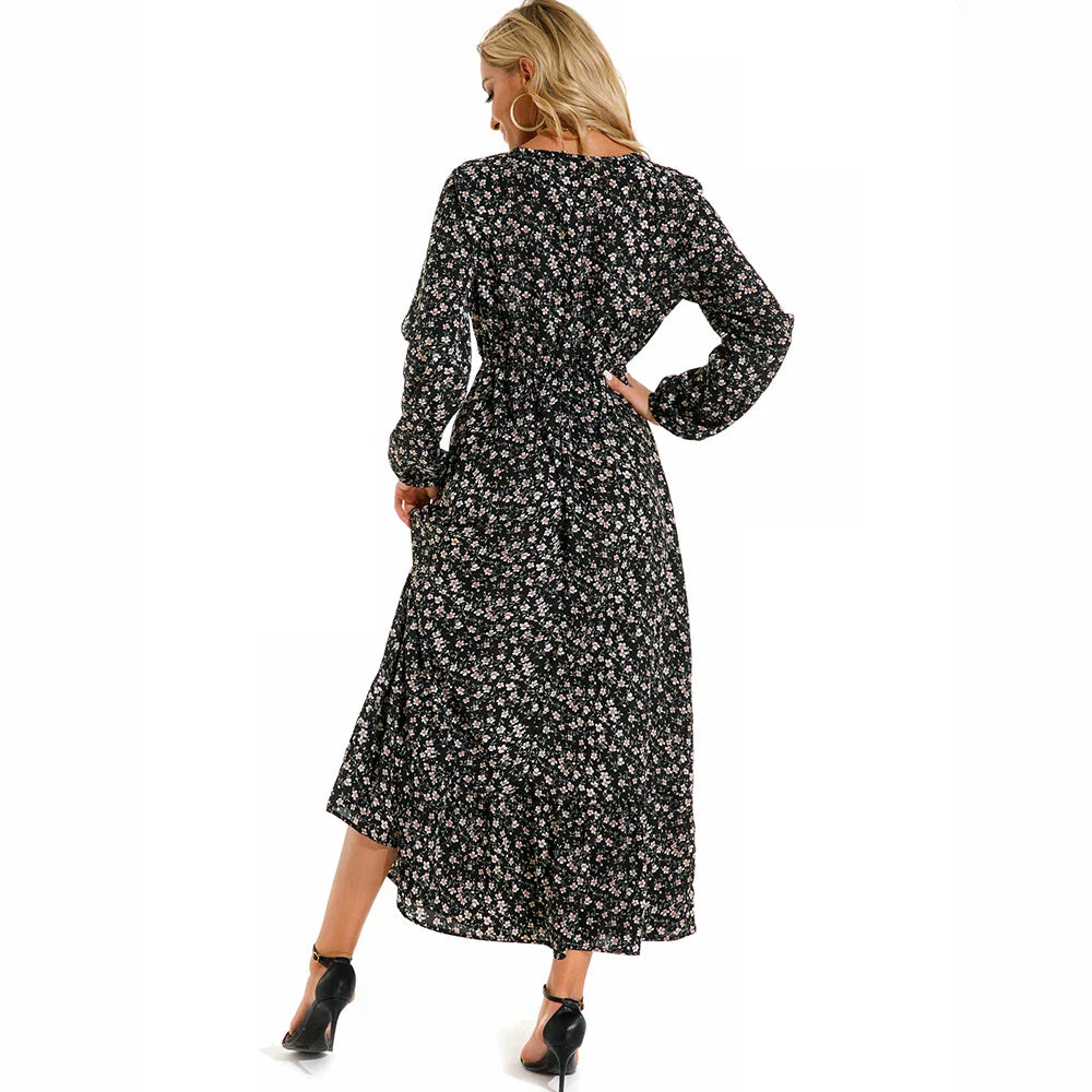 CM | Verano Bohemio Maxi Vestido Manga Larga Cintura Alta Floral Gasa