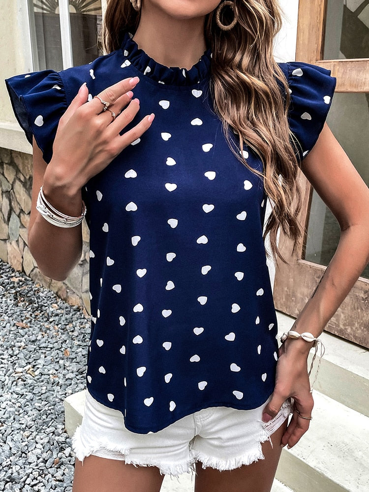 CM | Casual Blusa Blusa de verano de manga corta con estampado de corazones