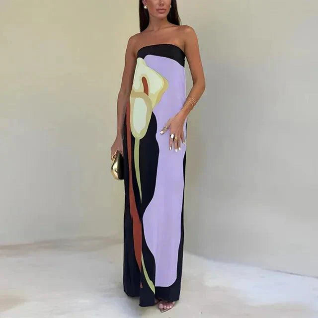 CM | Vestido maxi de mujer - sin tirantes - material ligero - silueta columna - estampado abstracto