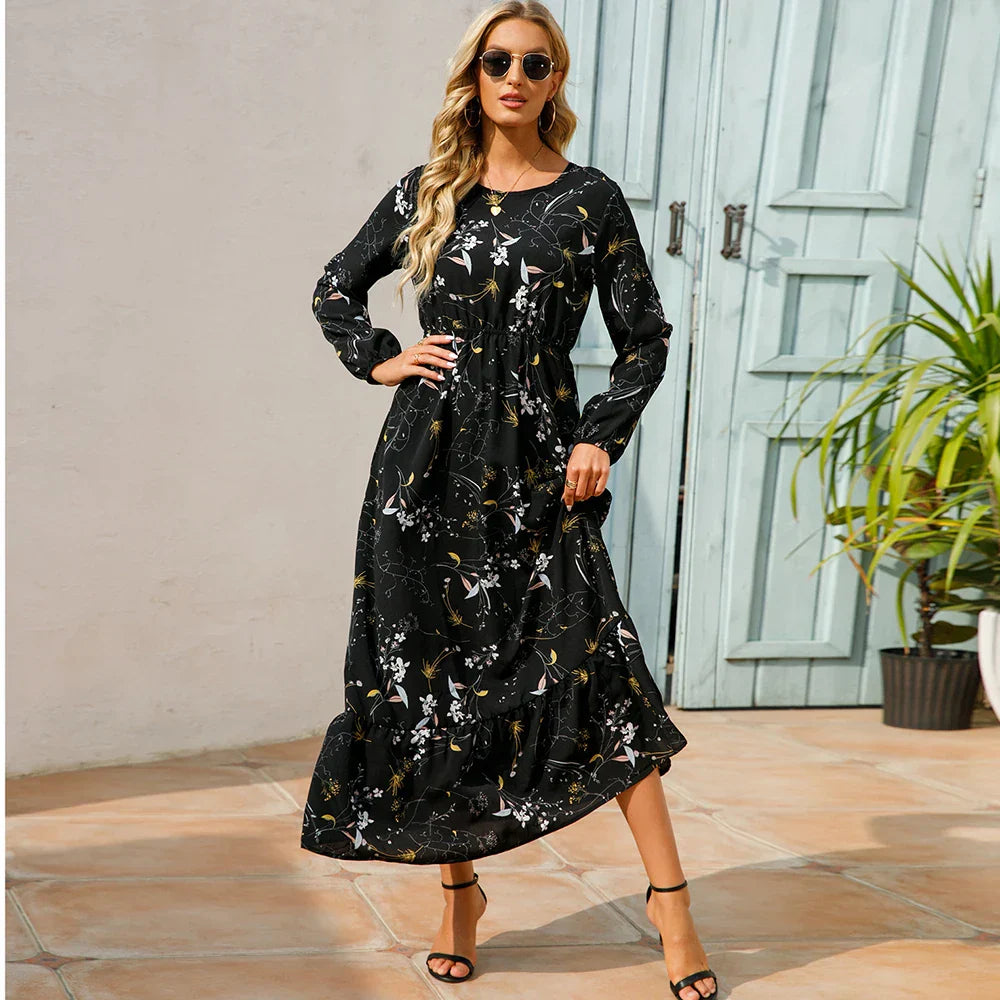 CM | Verano Bohemio Maxi Vestido Manga Larga Cintura Alta Floral Gasa