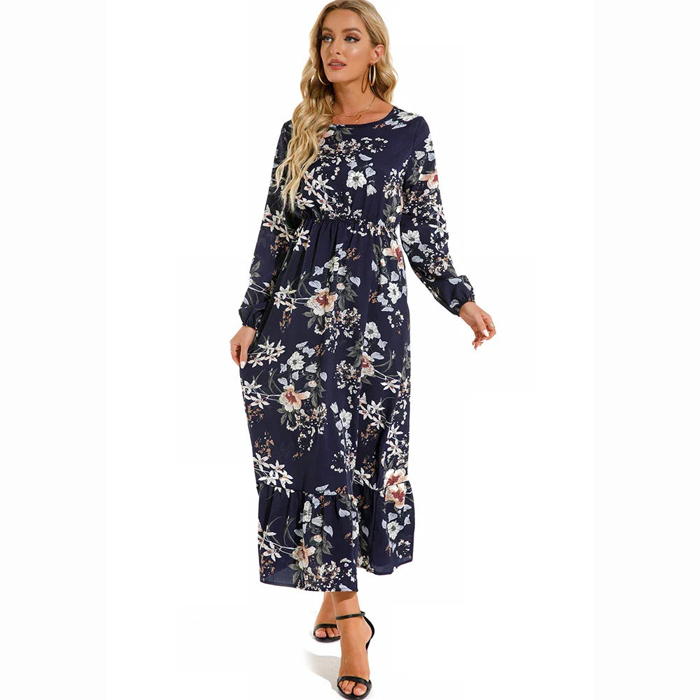 CM | Verano Bohemio Maxi Vestido Manga Larga Cintura Alta Floral Gasa