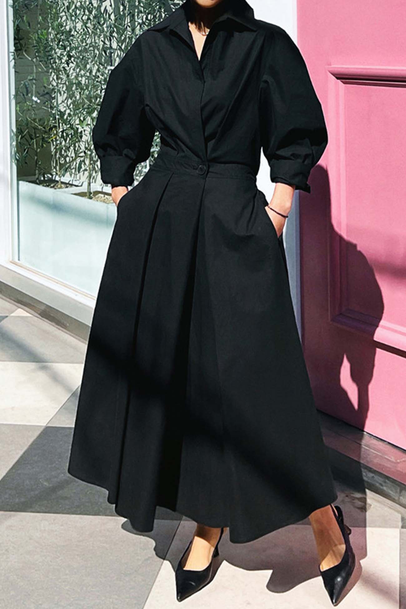 CM | Vestido midi camisero de manga larga A en algodón