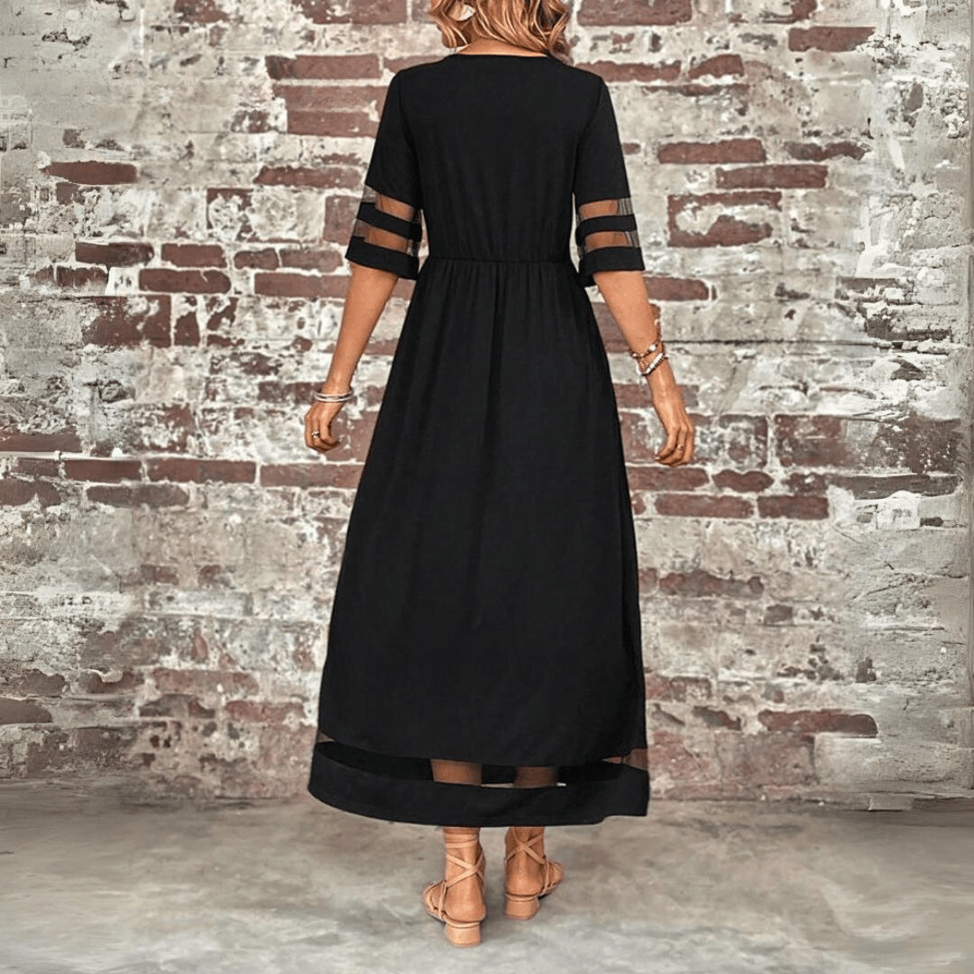 CM | Maxivestido de mujer - Corte vaporoso - Cintura imperio - Encaje en las mangas - Largo hasta los tobillos