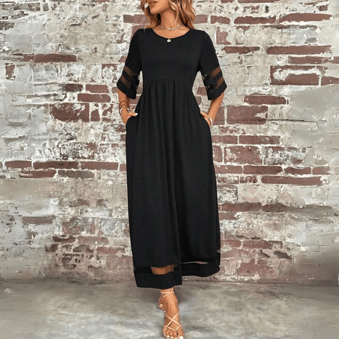 CM | Maxivestido de mujer - Corte vaporoso - Cintura imperio - Encaje en las mangas - Largo hasta los tobillos