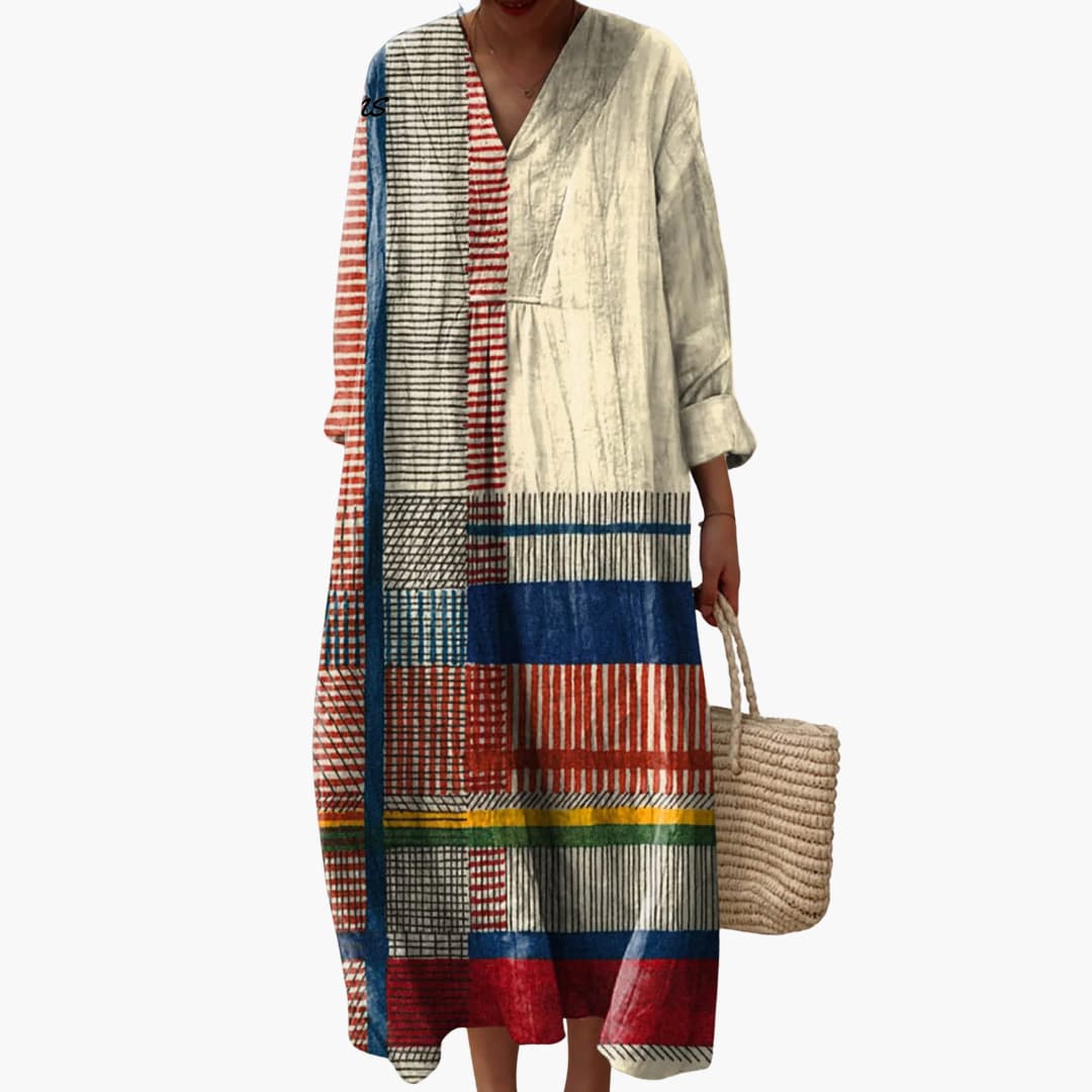 CM | Ladies maxi vestido patchwork manga larga para primavera otoño
