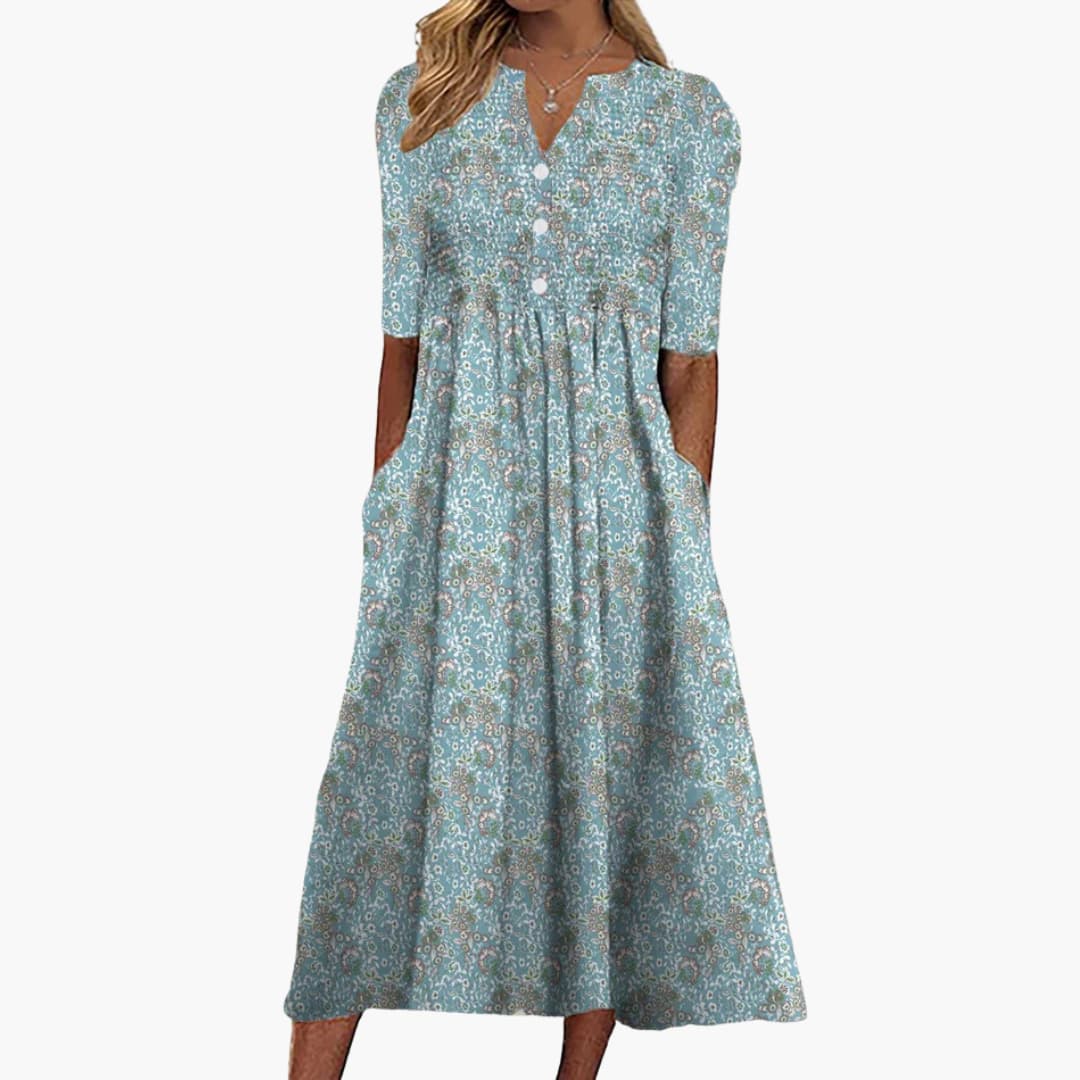 CM | Vestido midi floral de mujer con escote en V y bolsillos laterales