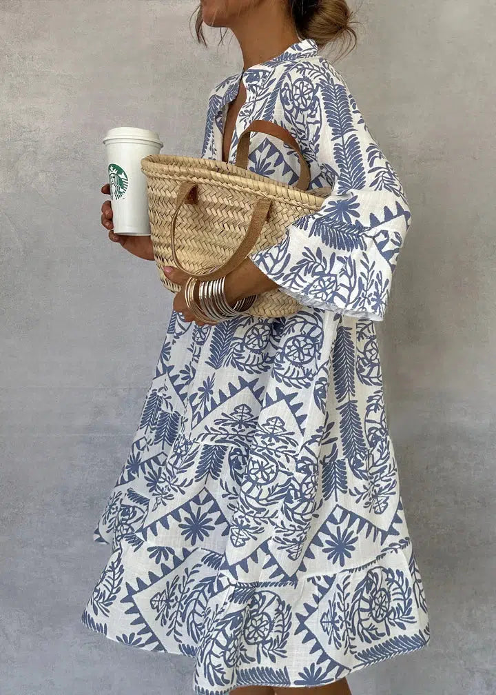 CM | Vestido corto de estilo bohemio con escote en V y mangas tres cuartos