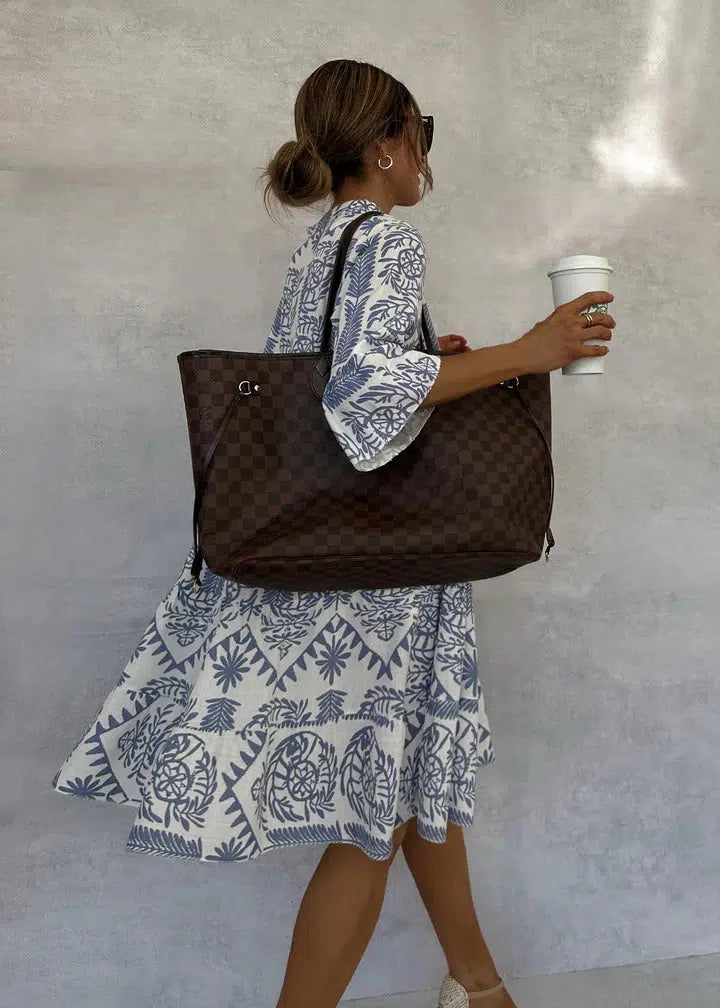 CM | Vestido corto de estilo bohemio con escote en V y mangas tres cuartos