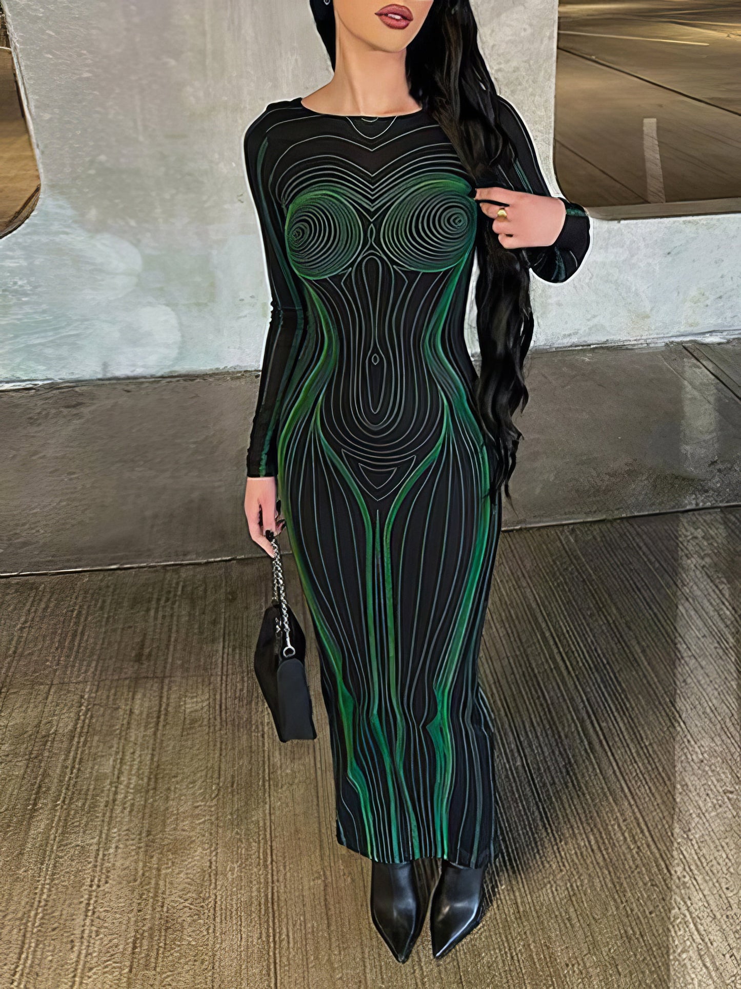 CM | Impreso Backless Slim Cuello Redondo Manga Larga Maxi Vestido