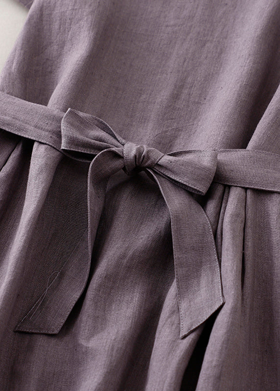 CM | Purple O Neck Tie Waist Bolsillos Lino Vestido Largo Verano AH596