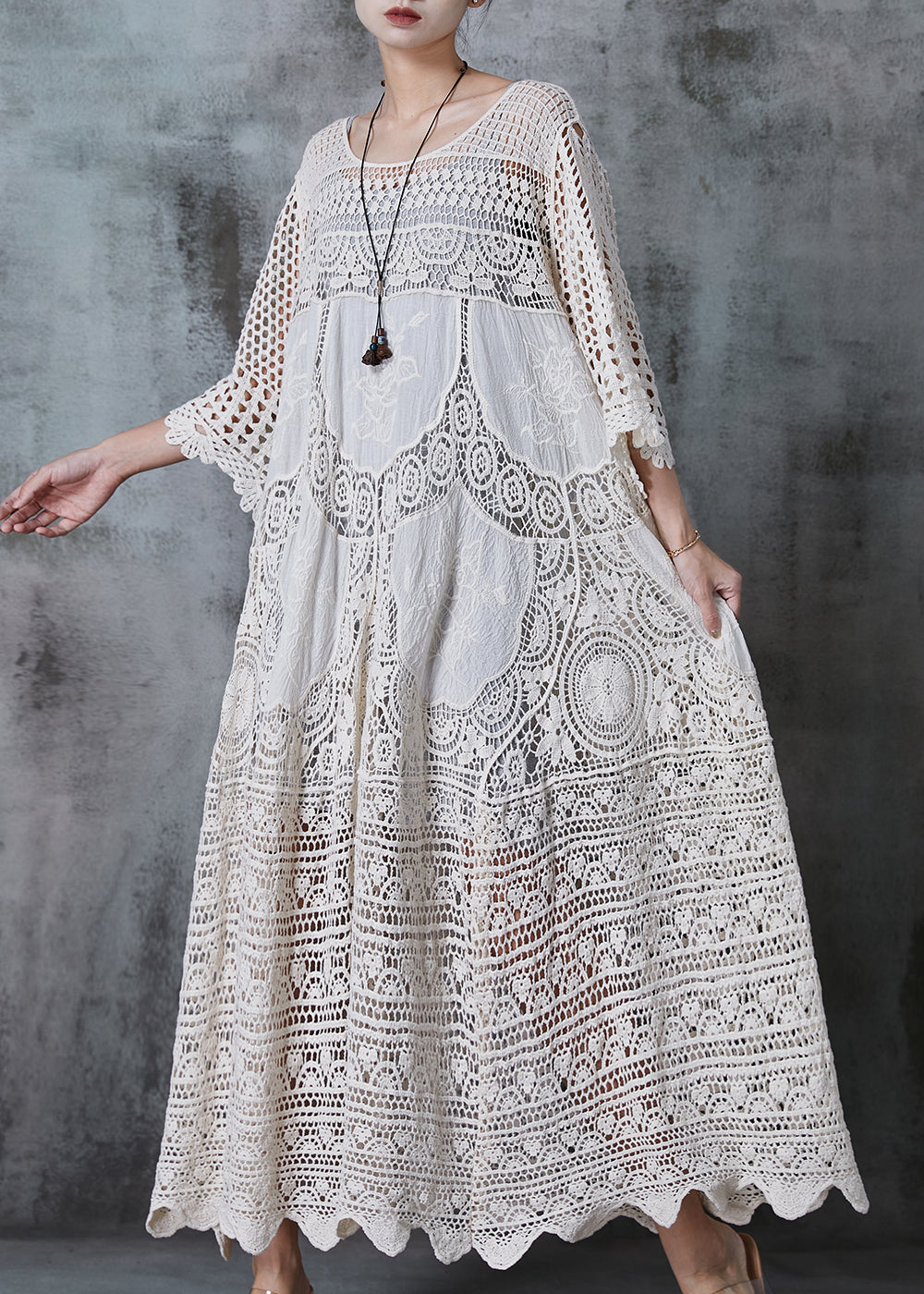 CM | Vestido largo para mujer - Corte oversize - Encaje hueco - Tejido de lujo - Mangas tres cuartos