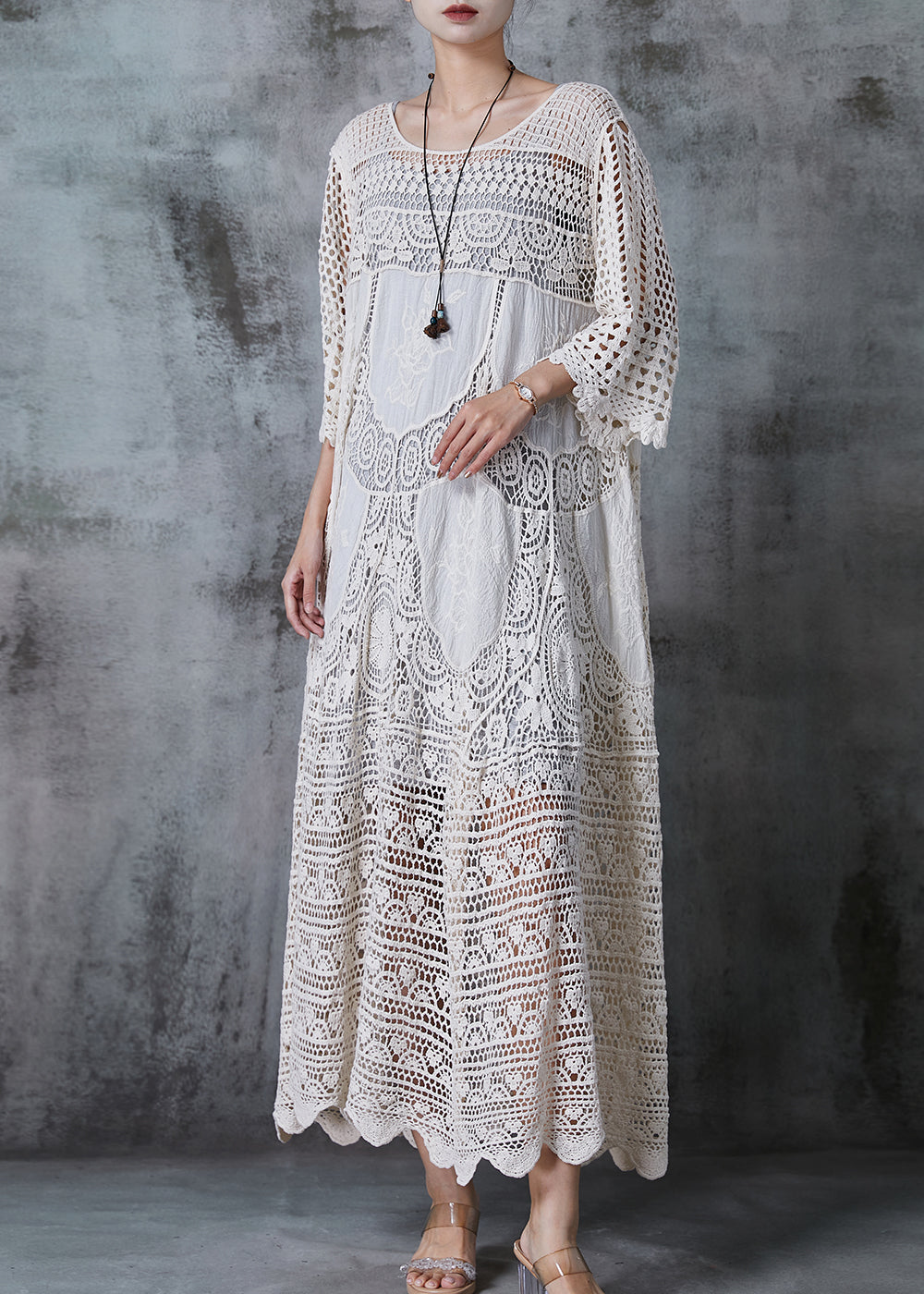 CM | Vestido largo para mujer - Corte oversize - Encaje hueco - Tejido de lujo - Mangas tres cuartos