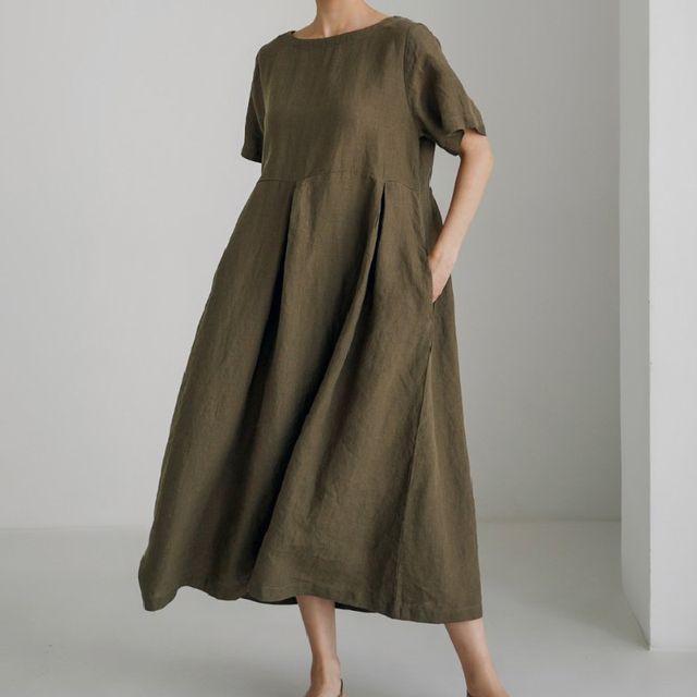 CM | Cuello redondo Vestido midi liso AH157