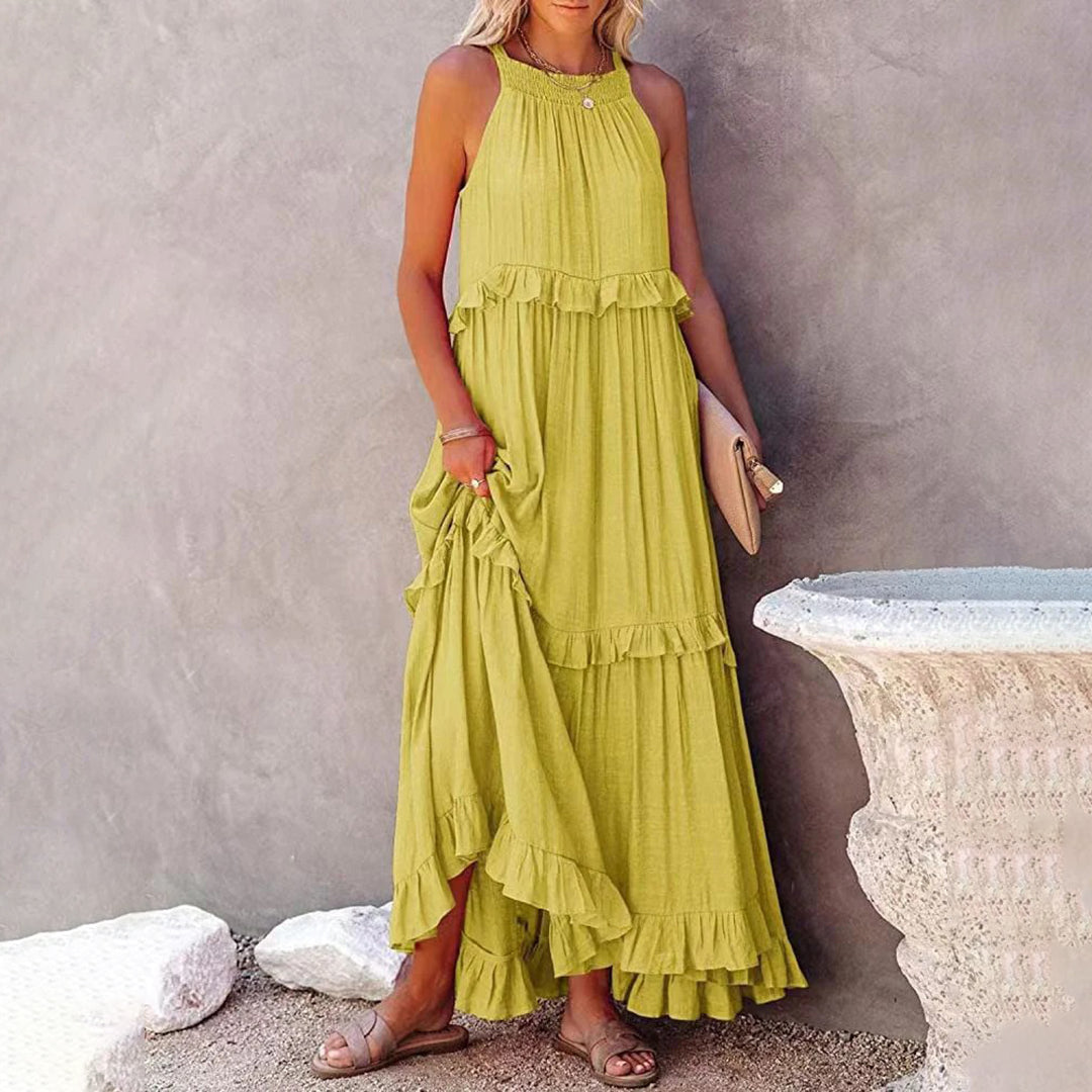 CM | maxi vestido de mujer - sin mangas y escote halterneck - corte en A - ribete de volantes