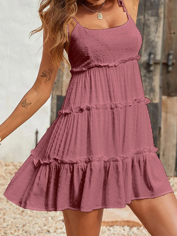 CM | Loose jacquard capas plisado espagueti cuello mini vestidos