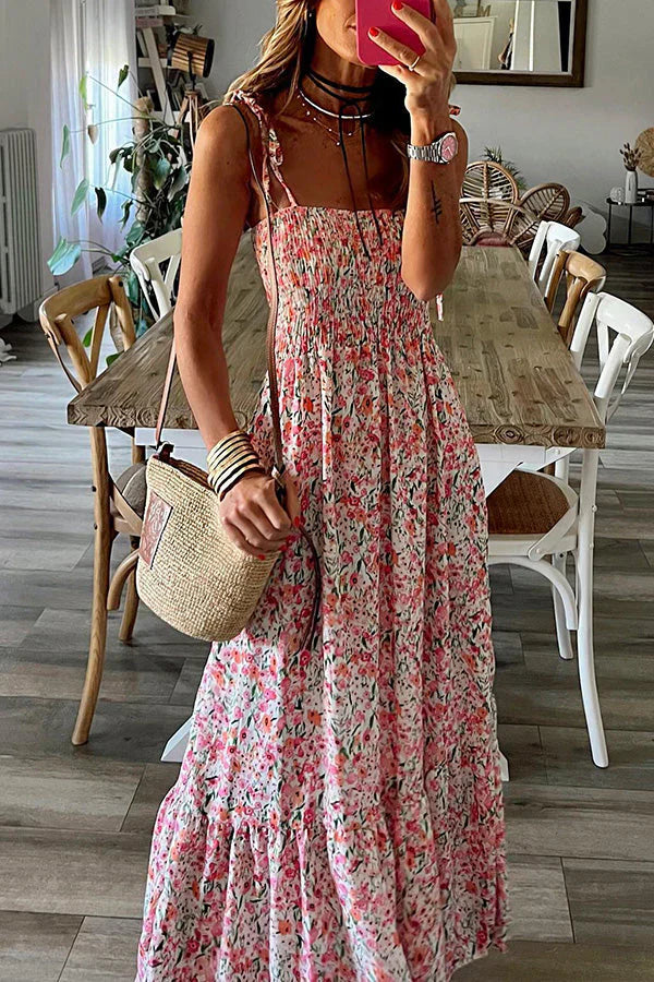 CM | Rubie maxi vestido bustier satinado estampado con espalda elástica