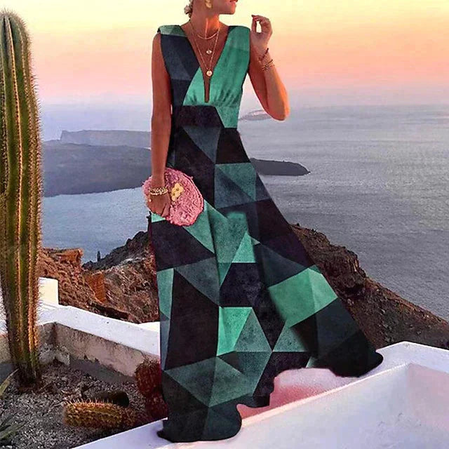CM | Maxivestido de mujer - Corte vaporoso - Sin mangas - Escote en pico - Atrevido estampado floral - Mezcla transpirable